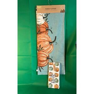 From The Hearth Blue Pumpkin Table Runner Kitchen Towel Bundle